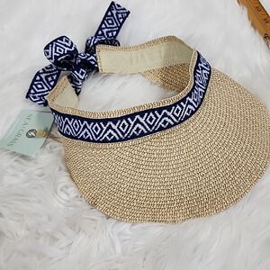 Sea Grass Straw Visor with Navy and White Ribbon